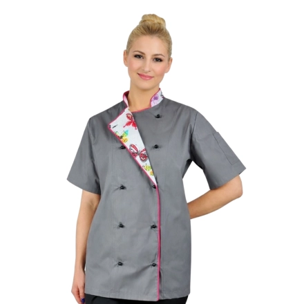 Bluza kucharska damska szara rękaw krótki lamówka wzór W2 (1053) roz. M – bluza kucharska – odzież gastronomiczna